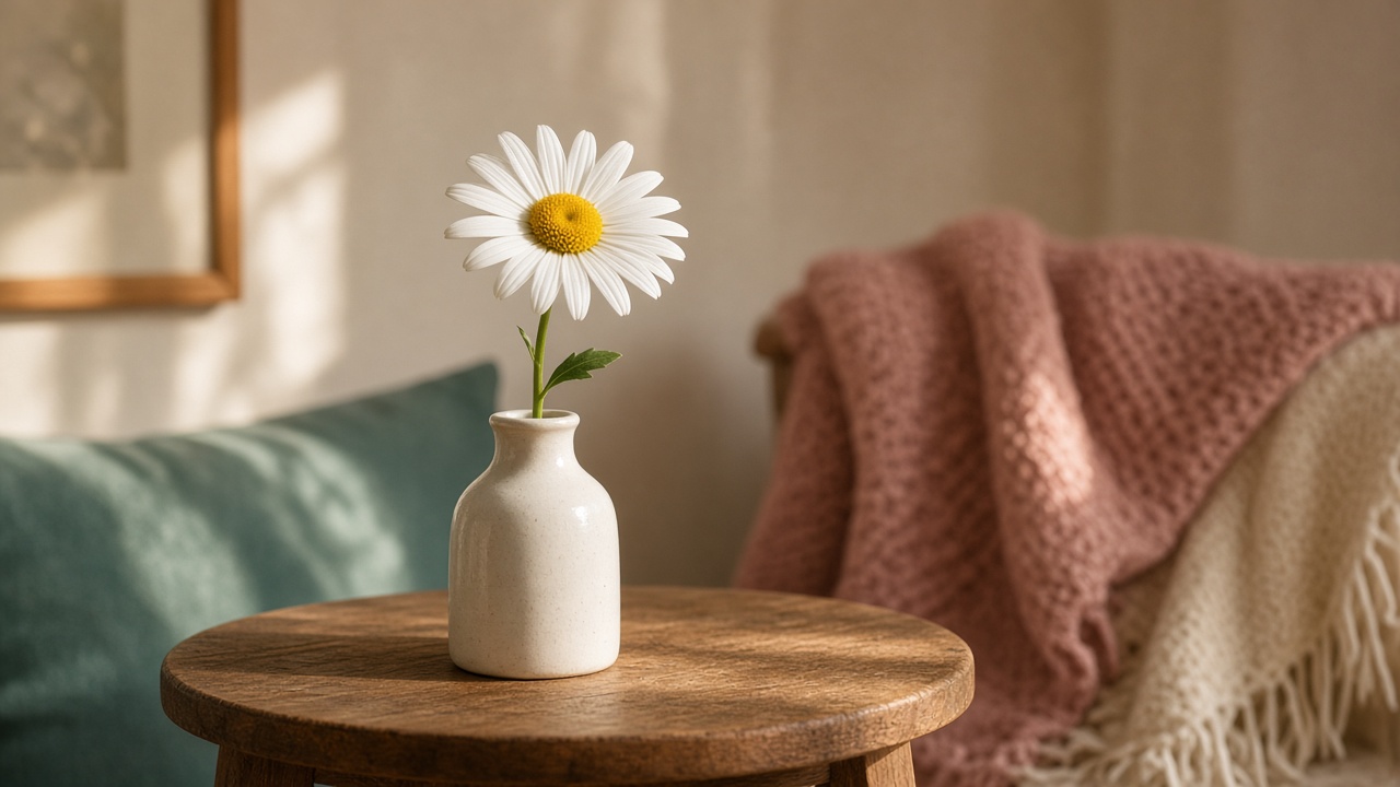 A single daisy in a ceramic vase on a sunlit wooden table