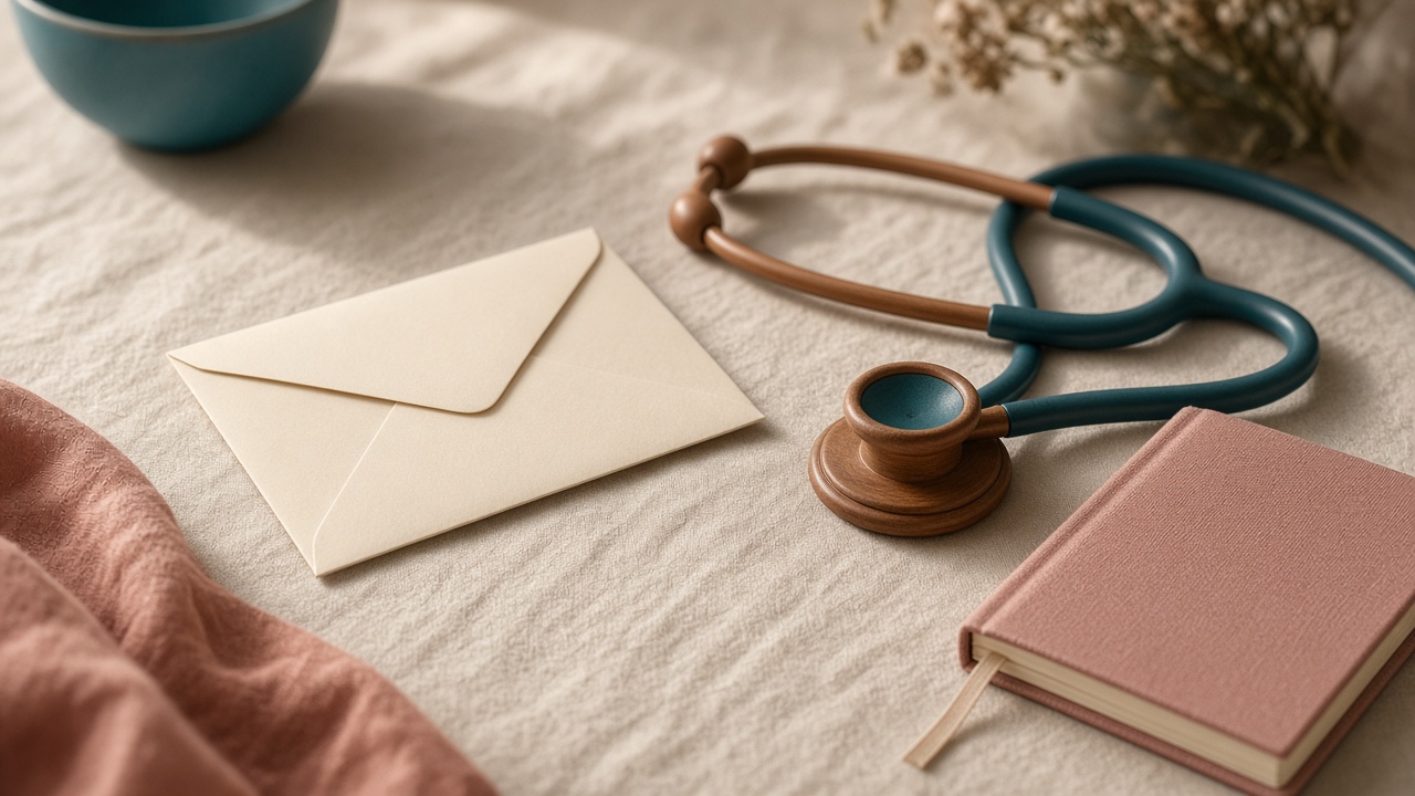 A notebook and stethoscope on a linen table