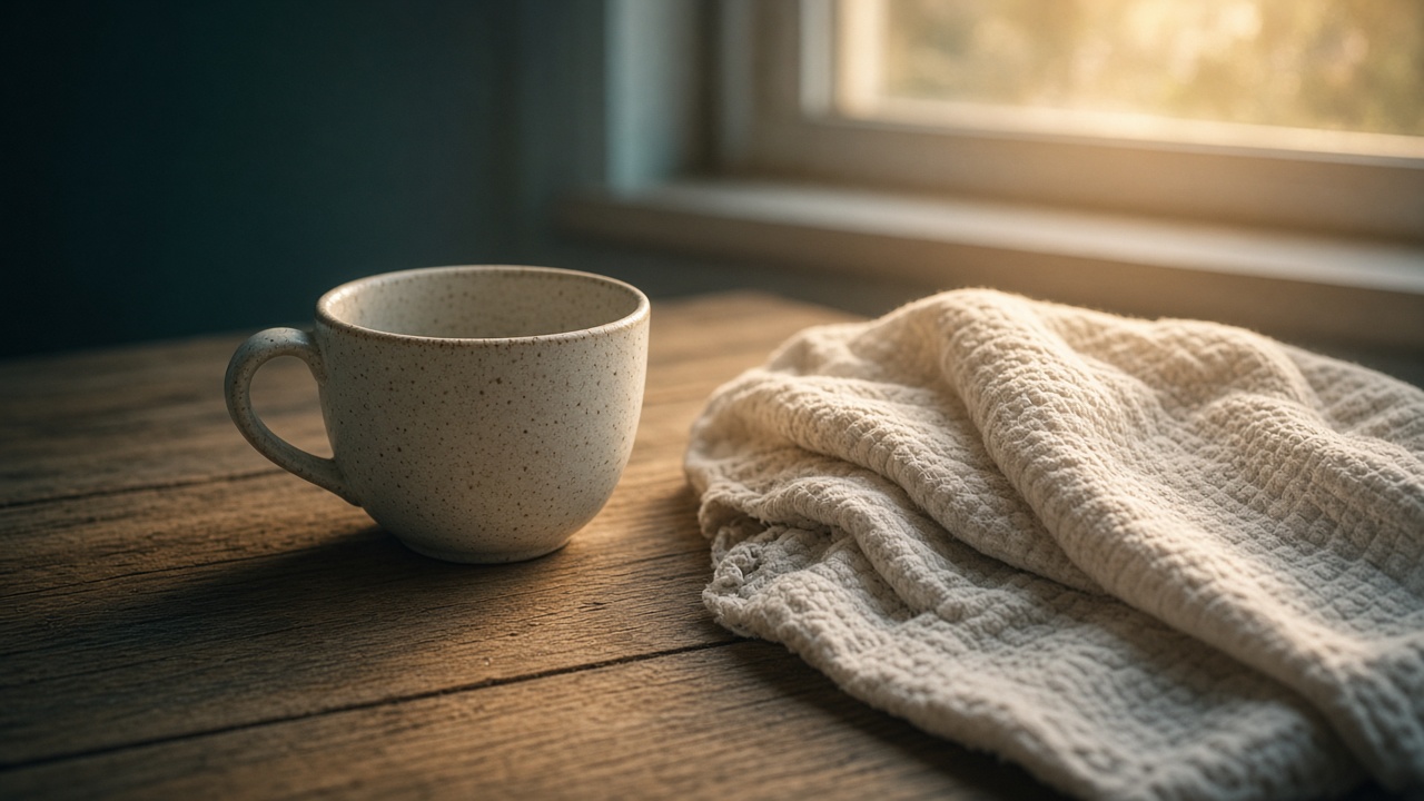 An empty coffee cup and a folded muslin blanket in early morning light