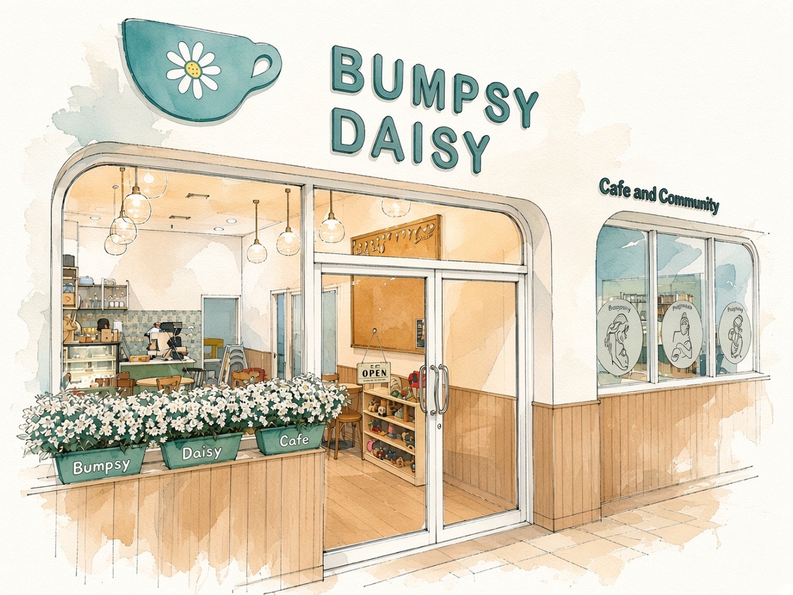 Illustration of the Bumpsy Daisy cafe entrance at Bravo BKK Mall, with the daisy cup sign and white flowers by the door