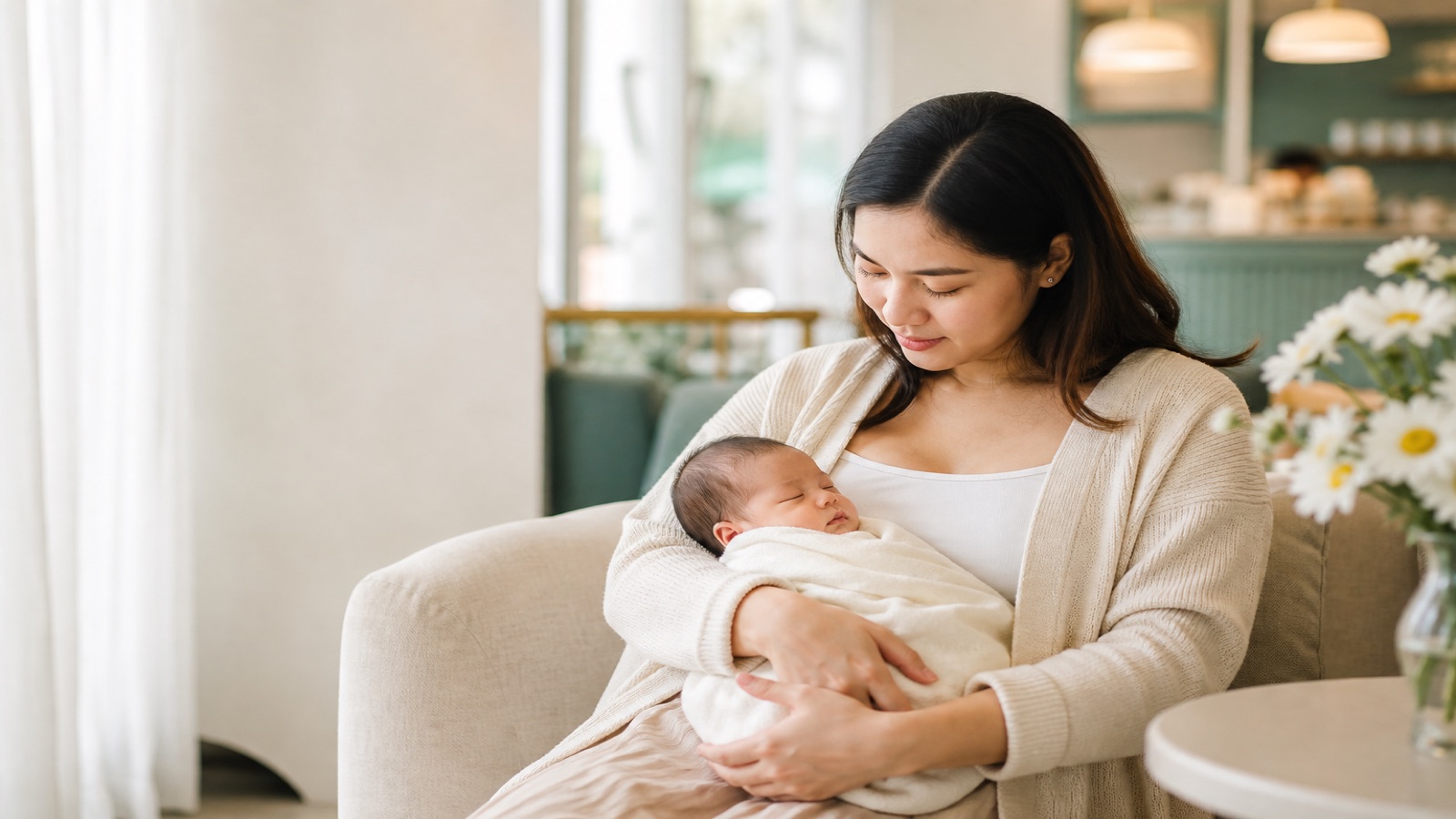 A new mother cradling her sleeping newborn